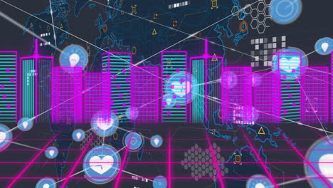 Animation of neon skyscrapers with digital data overlay on abstract world map