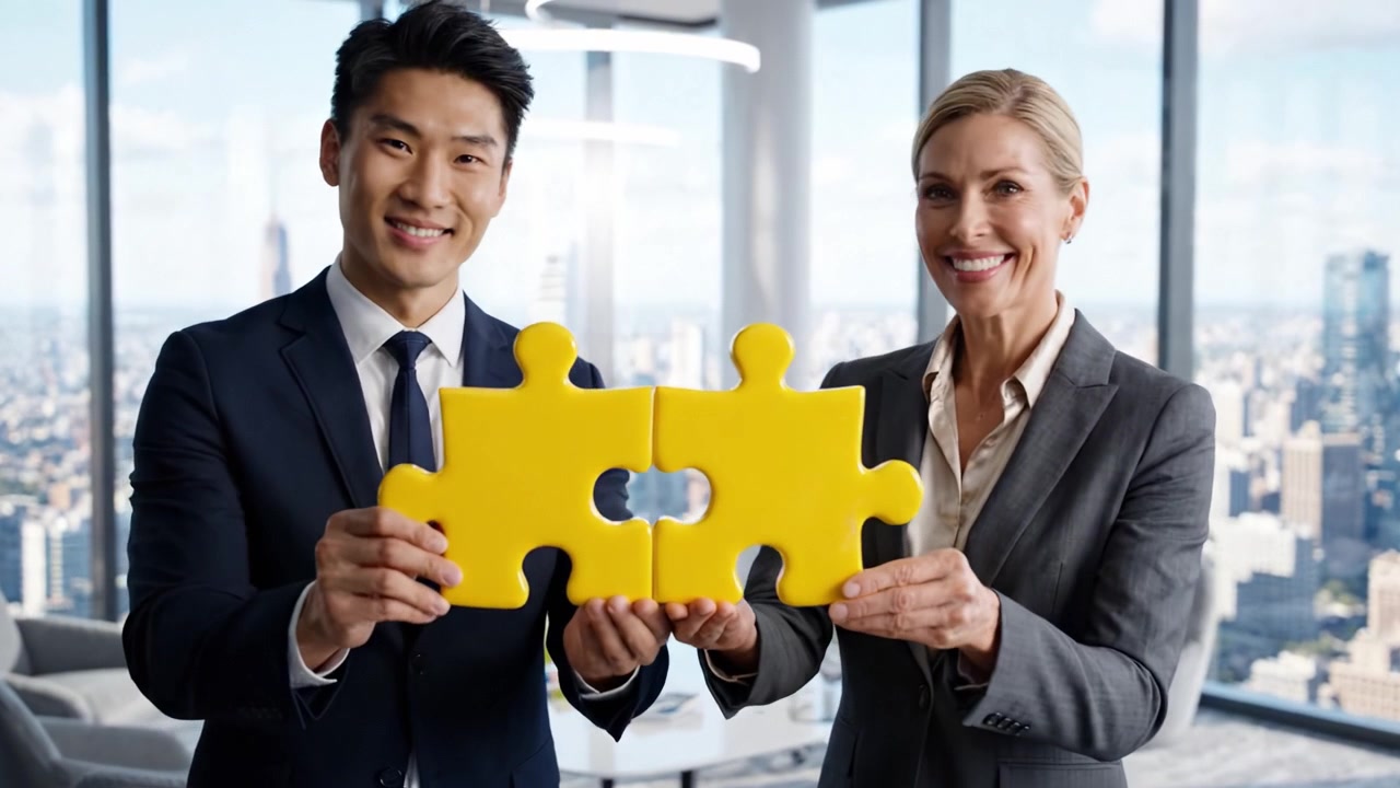 Professional Collaboration: Two Businesspeople Interacting with Puzzle Pieces in a Modern Office Setting with a City Skyline View