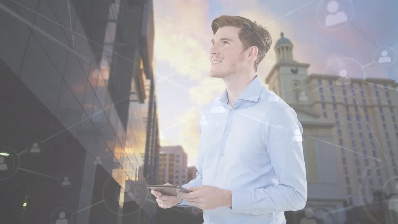 태블릿과 도시 풍경에 대한 연결 네트워크를 사용하여 코카시안 사업가의 애니메이션