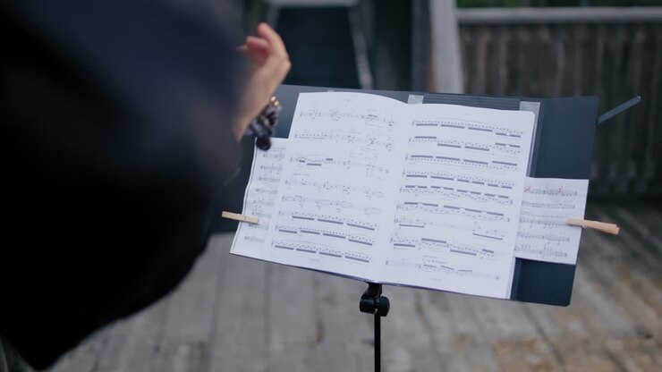 Sheet music on a stand with a violin player playing fast melodies on the instrument