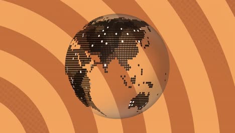 animación digital del icono del globo giratorio contra los rayos radiales en movimiento sobre un fondo naranja
