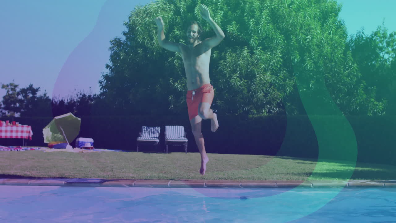 Shirtless man jumping from tiled pool edge, creating summer marketing concept with floating chart