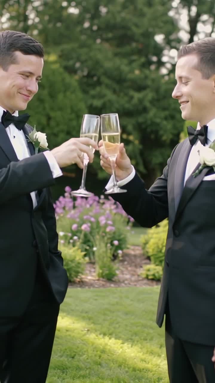 Due uomini che si scambiano sorrisi, alzando flûte di champagne sul prato, brindando per festeggiare un matrimonio.