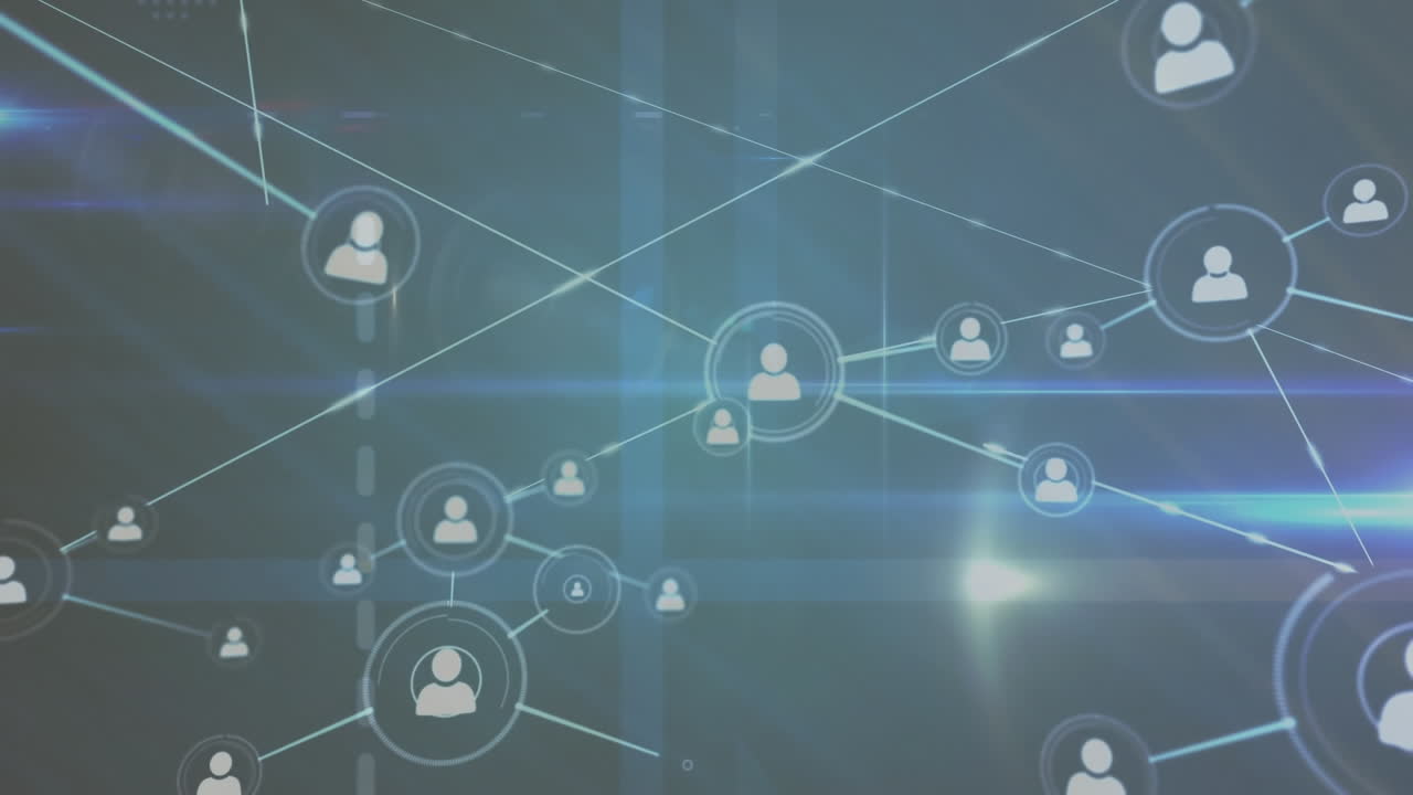 Animation of dots connected with lines over lens flares against blue background