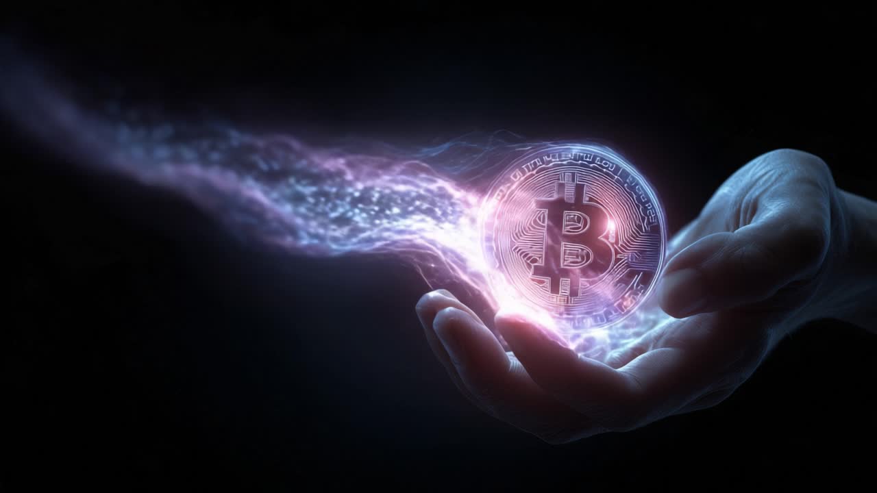 Conceptual video showing a hand holding a glowing Bitcoin coin with purple and blue energy flowing into it, representing the power and futuristic nature of cryptocurrency and blockchain technology