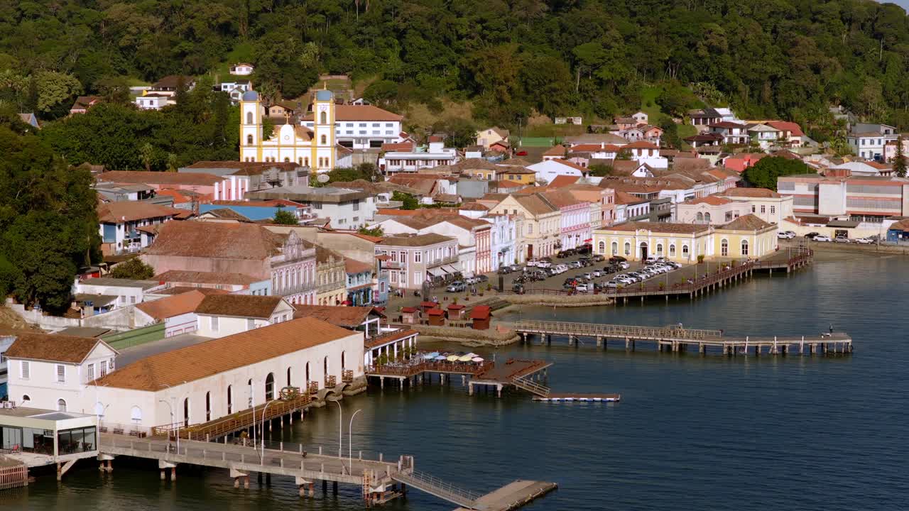 Beautiful aerial view of cultural site of Sao Francisco do Sul with church and waterfront pier along the Baia da Babitonga bay, Santa Catarina, Brazil