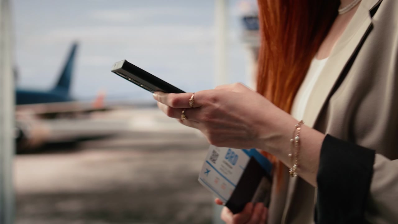 Primo piano estremo di uno smartphone in mano utilizzato da un viaggiatore in aeroporto.