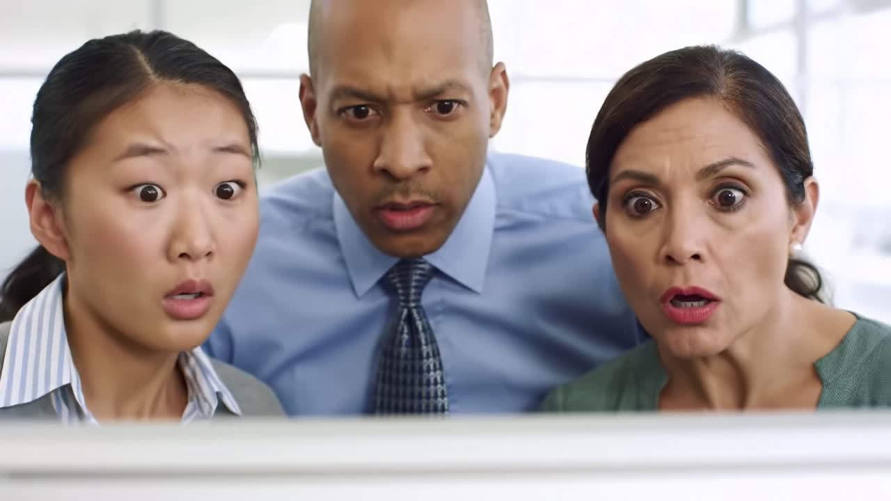 Three coworkers express shock and awe during a captivating presentation in a modern office. Their expressions reflect engagement and curiosity as they learn something unexpected.