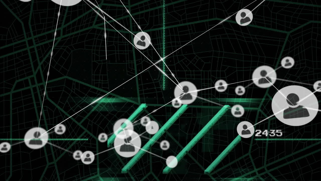 Network of connections and data points animation over city map background