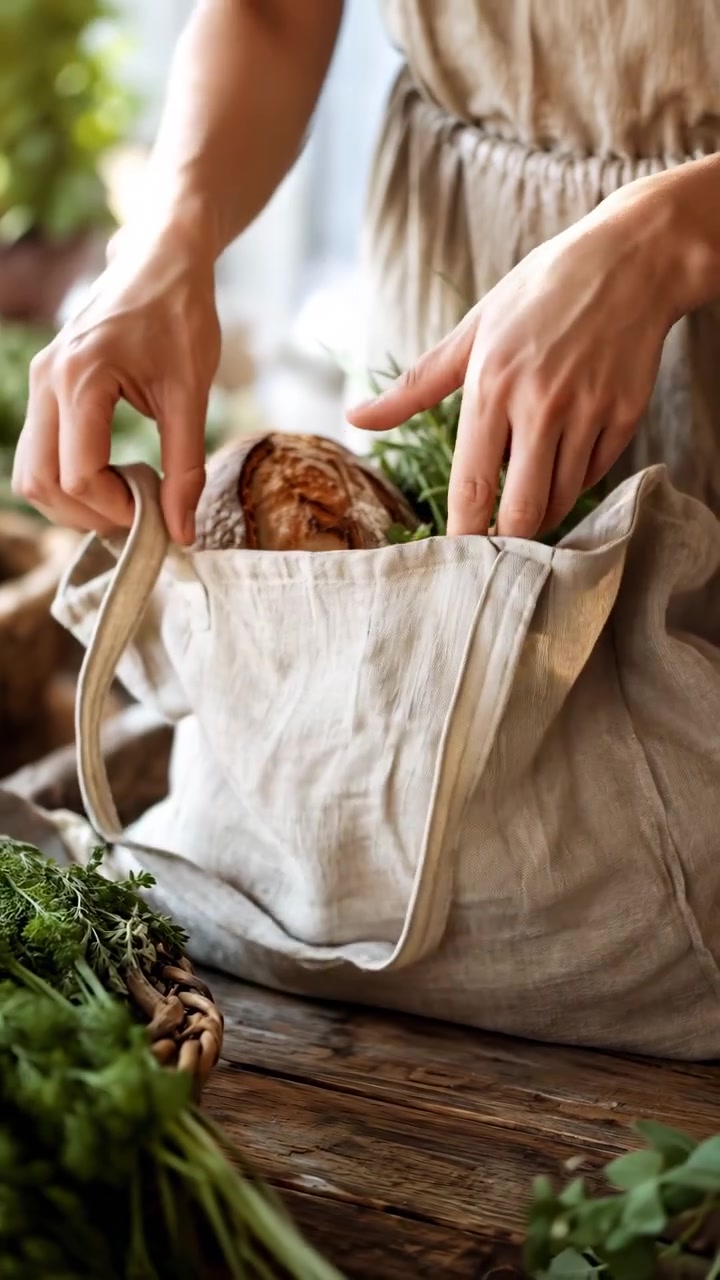 Close view follows hands gathering fabric handles and raising a reusable tote around bread and leafy herbs, while loose greens rest across a rustic wooden tabletop in soft daylight.