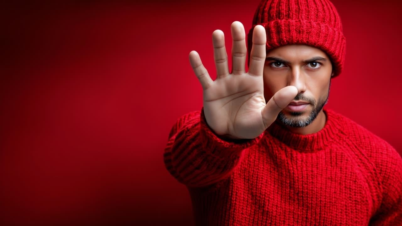 Serious man in red winter clothes showing stop gesture with hand on bright red background