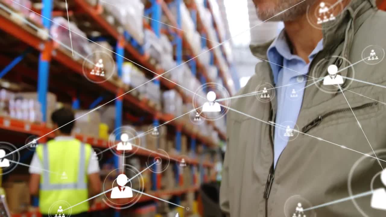 창고에서 일하는 백인 남성에 대한 연결 네트워크의 애니메이션