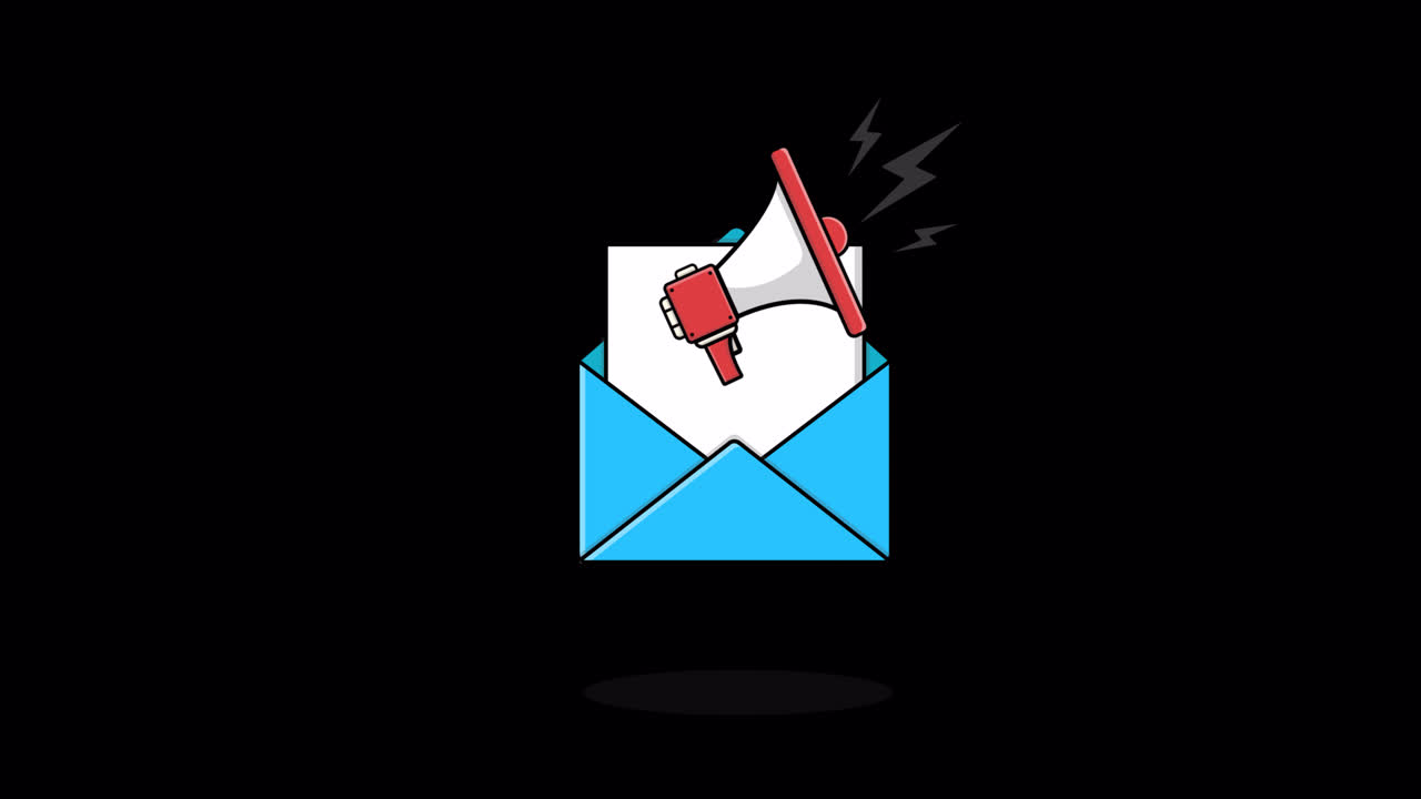 Megafono animato che annuncia un messaggio da una busta di posta elettronica.