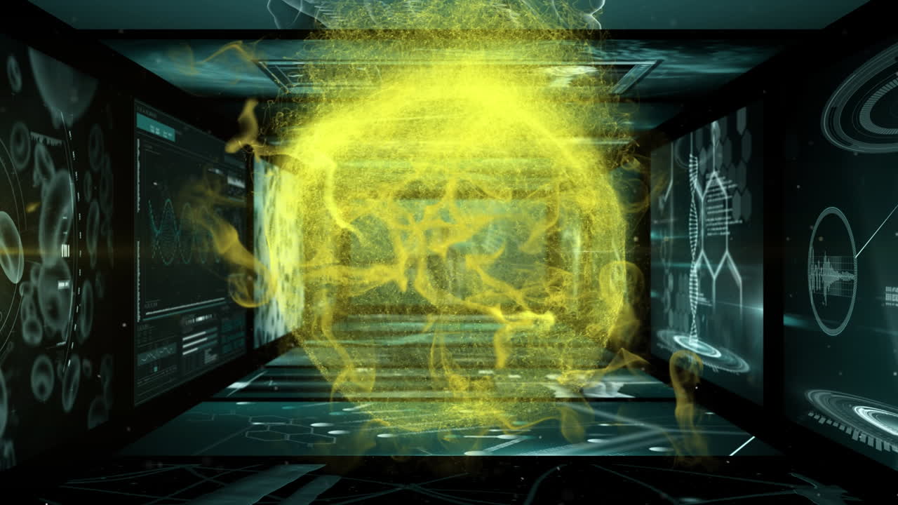 Animation of yellow smoke over tunnel made of screens with diverse data