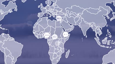animazione delle reazioni dei social media e mappa del mondo sul paesaggio urbano