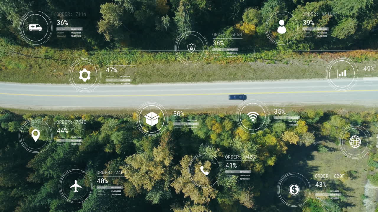 animación del procesamiento de datos financieros sobre carreteras y paisajes