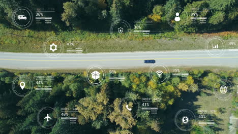 animation of financial data processing over road and landscape