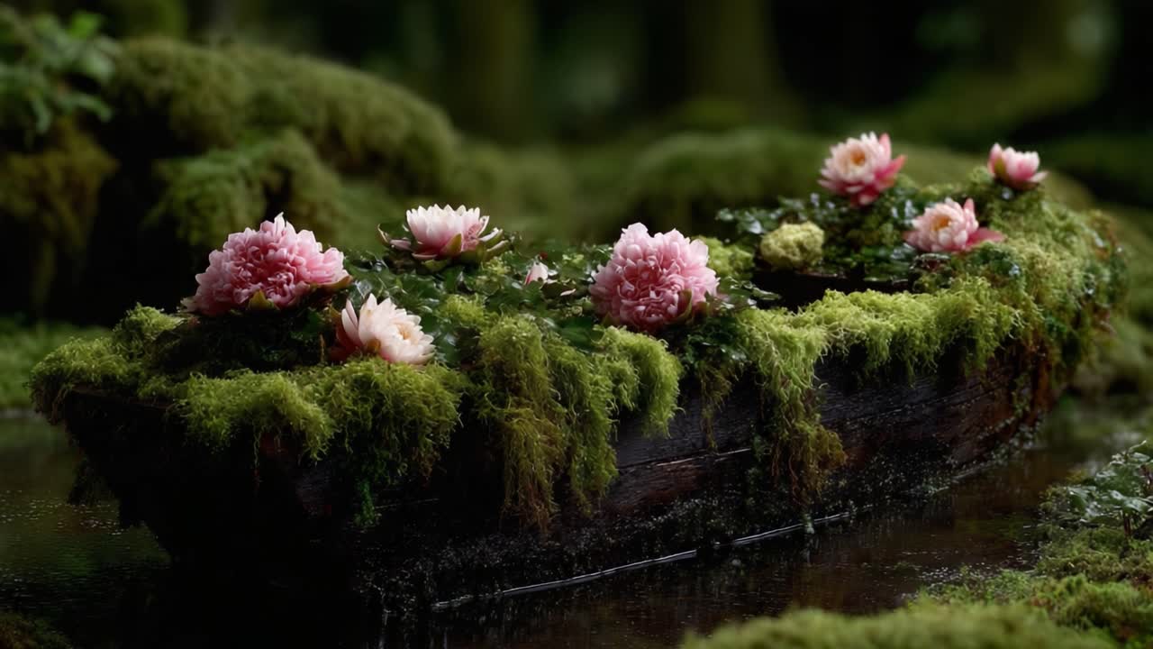 A Serene Water Garden Featuring Lush Green Moss and Beautiful Pink Water Lilies, Showcasing Nature's Tranquility and Vibrant Colors in a Rustic Boat Setting
