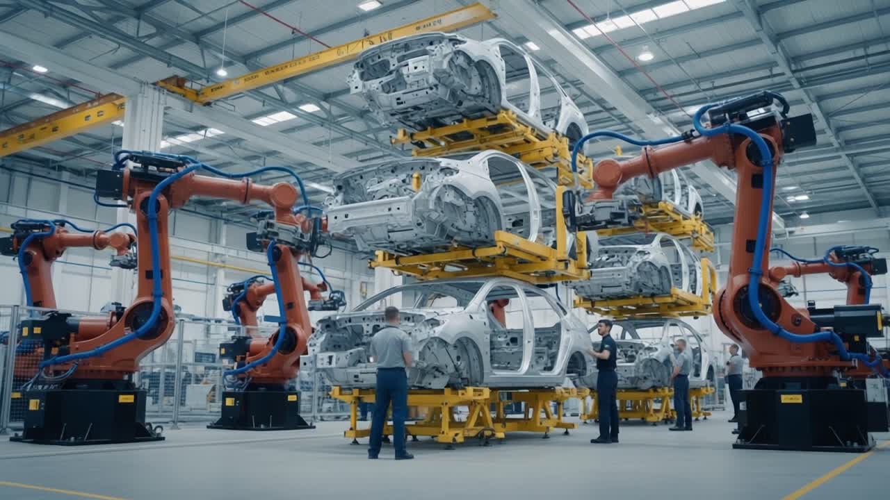 Advanced Automotive Manufacturing: A State-of-the-Art Assembly Line Featuring Robotic Precision in Car Production and Innovative Engineering Techniques