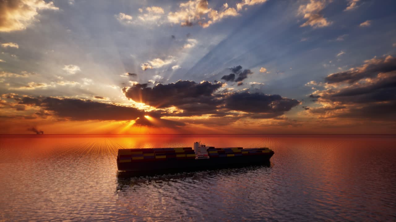 Loaded Container Cargo Ship Sailing Over Calm Sea Into The Sunset