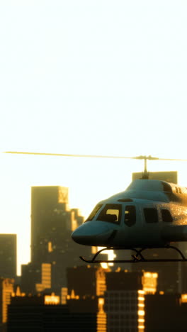 helicopter over the city at sunrise