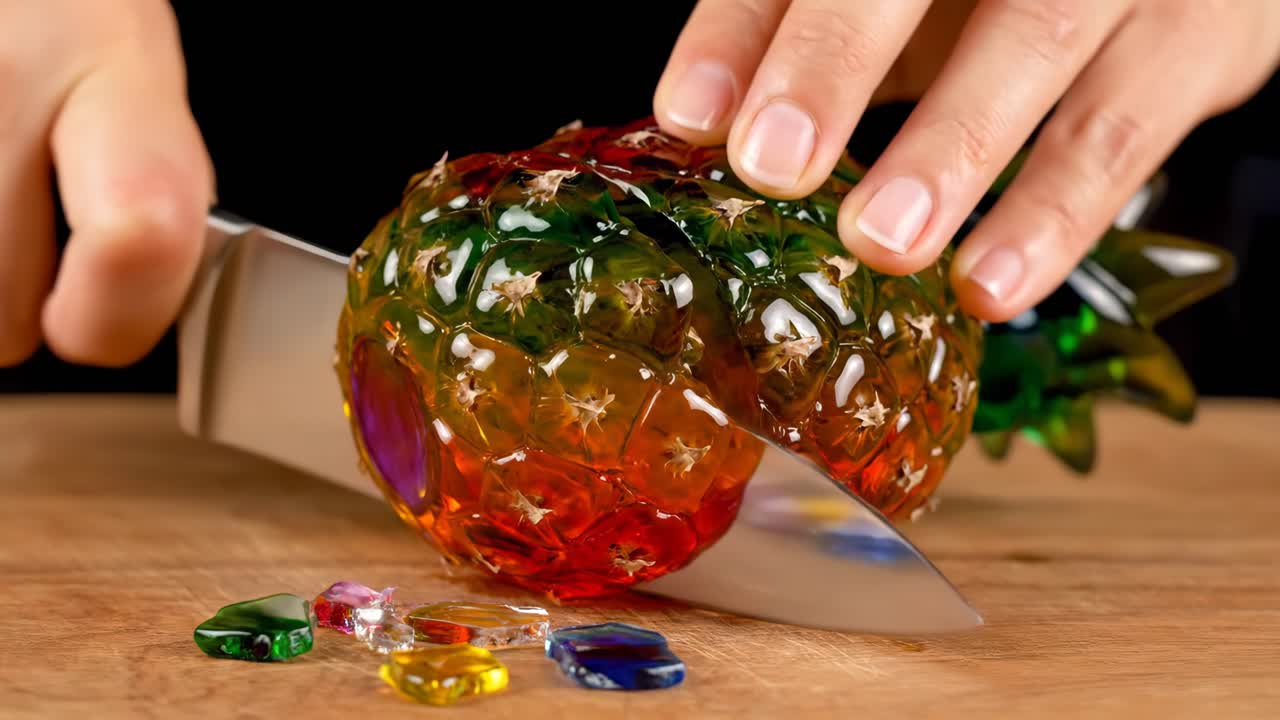 Cutting a pineapple jelly dessert