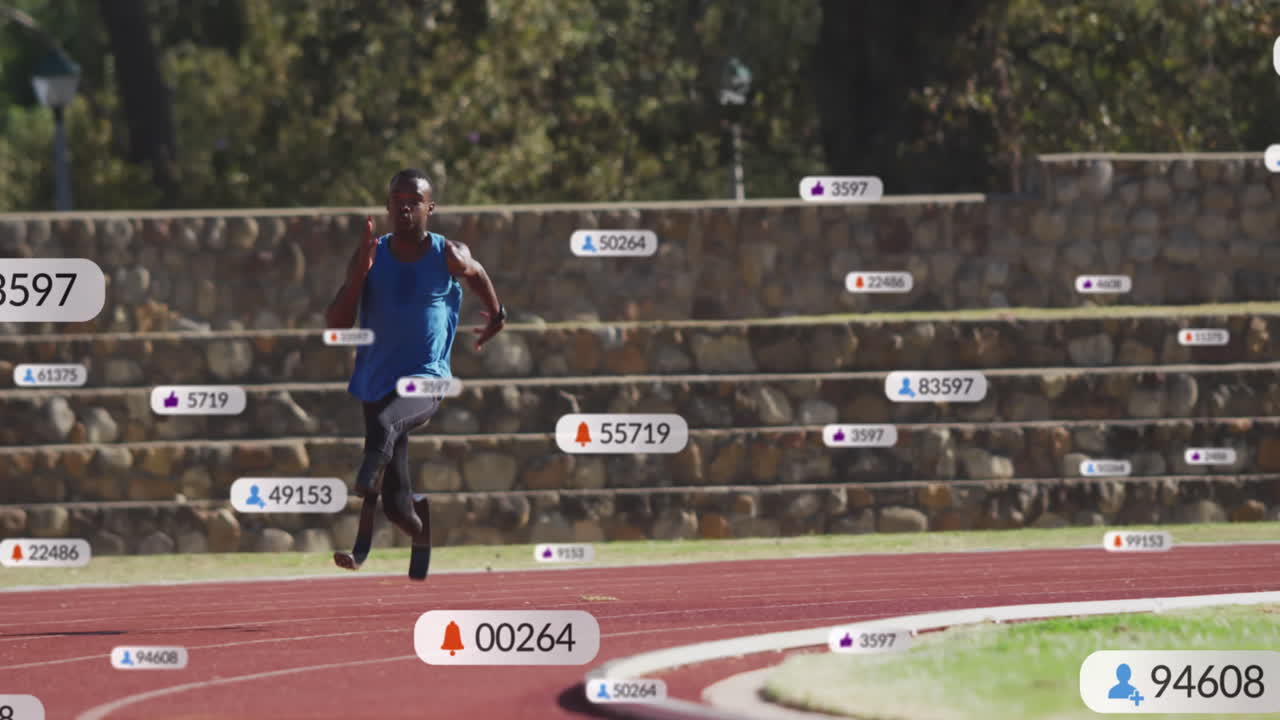 animación de barras de notificación sobre atleta afroamericano corriendo en la pista de carreras
