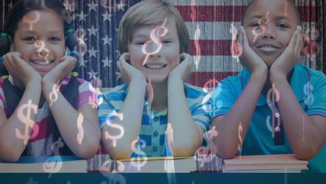 Animation-Von-Schulkindern,-Die-Lächeln-Und-Dollar-über-Der-Amerikanischen-Flagge-Singen