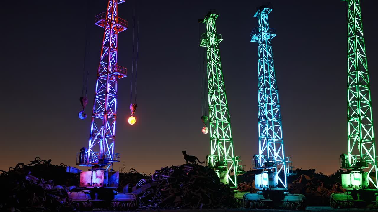 Colorful Night Cranes at a Recycling Yard