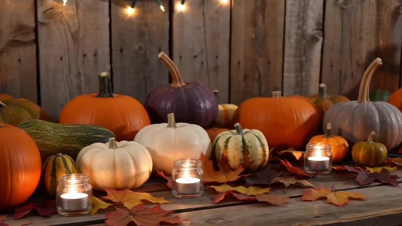 Decoración de calabazas de cosecha de otoño con farol y velas