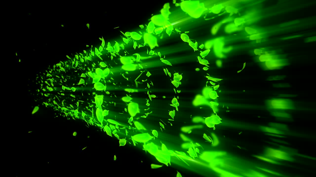 vórtice de hojas verdes. espiral partícula brillante de hojas estacionales. hoja danzante. colorida animación de bucle de túnel de la naturaleza.