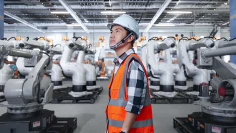 Industrial Engineer Observing Robotic Arms in a Factory