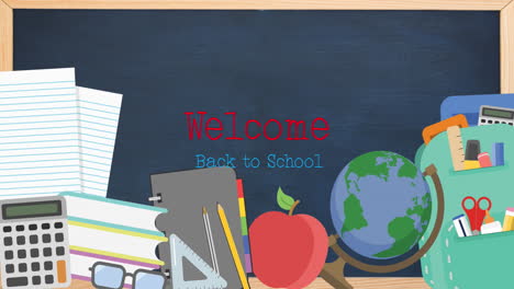 digital animation of welcome back to school text over sports concept icons against blackboard