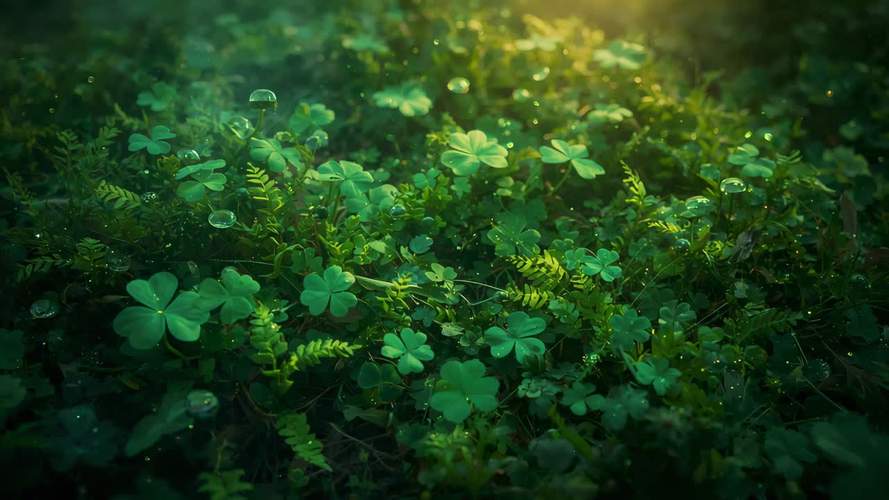 Intensifying canopy light revealing clover, moss and mushrooms on forest floor, making dew sparkle