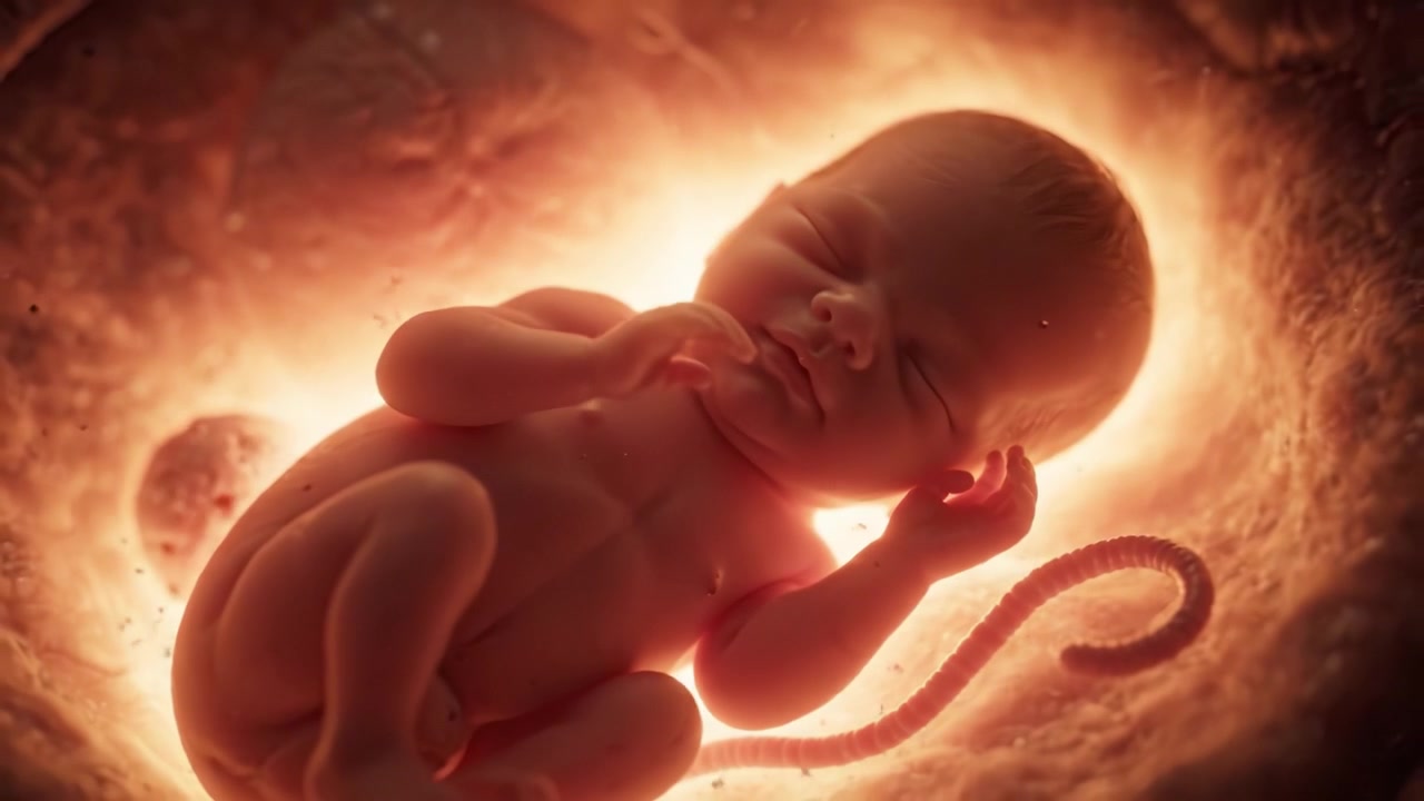 Uno sguardo alla nuova vita: il viaggio enigmatico di un bambino nel grembo materno, circondato da un ambiente caldo e luminoso, illustra il miracolo della nascita.