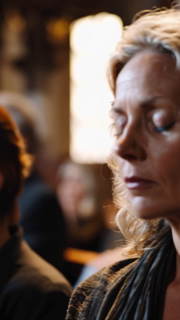 Due donne sedute immobili, occhi chiusi, in silenziosa riverenza. Una luce soffusa illumina i loro volti, catturando una serena concentrazione. Sembrano perse nei pensieri o nella riflessione spirituale. Ideale per meditazione tranquilla, yoga.