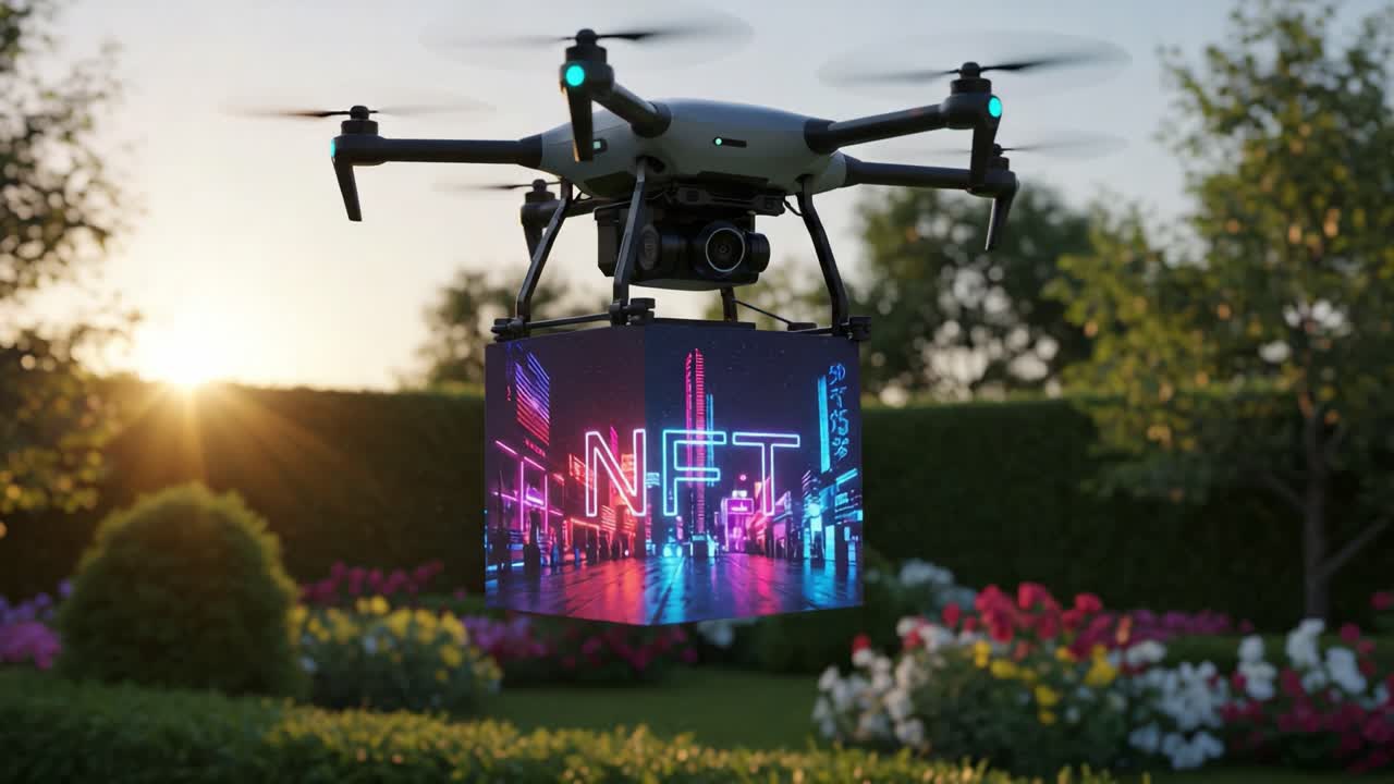 A Drone Displaying an NFT Banner in a Vibrant Garden at Sunset, Showcasing Modern Technology and Digital Art Concepts Under a Bright Sky