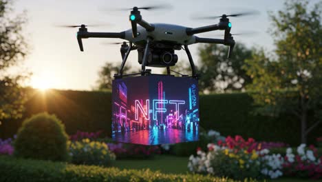 a drone displaying an nft banner in a vibrant garden at sunset, showcasing modern technology and digital art concepts under a bright sky