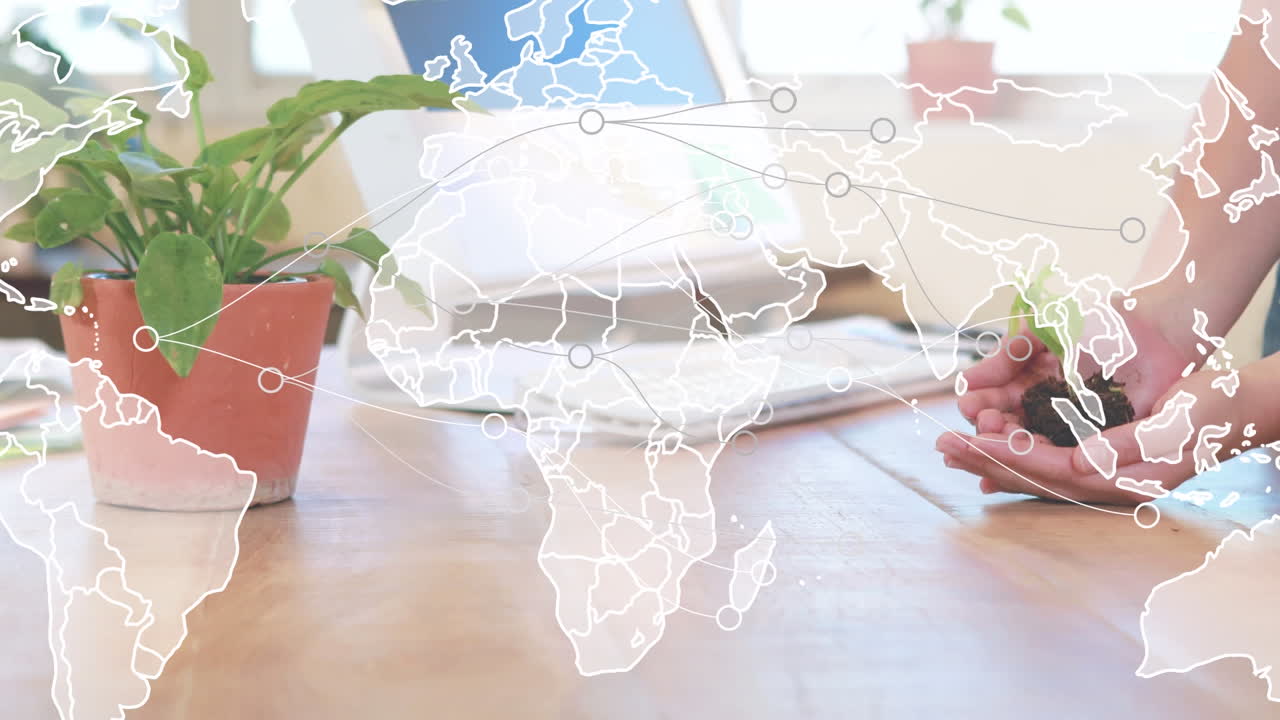анимация связей и карта мира над руками кавказской женщины, держащей растение