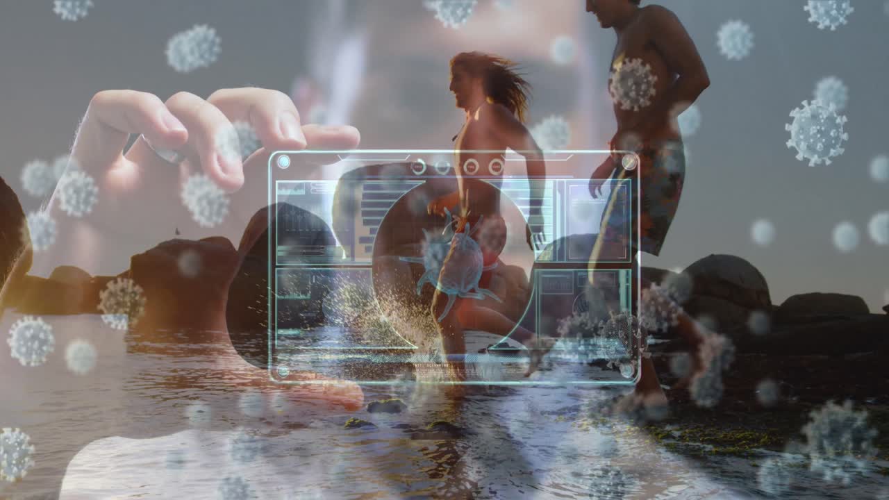 animación de células del virus covid 19 sobre un médico caucásico con tableta y amigos masculinos en la playa