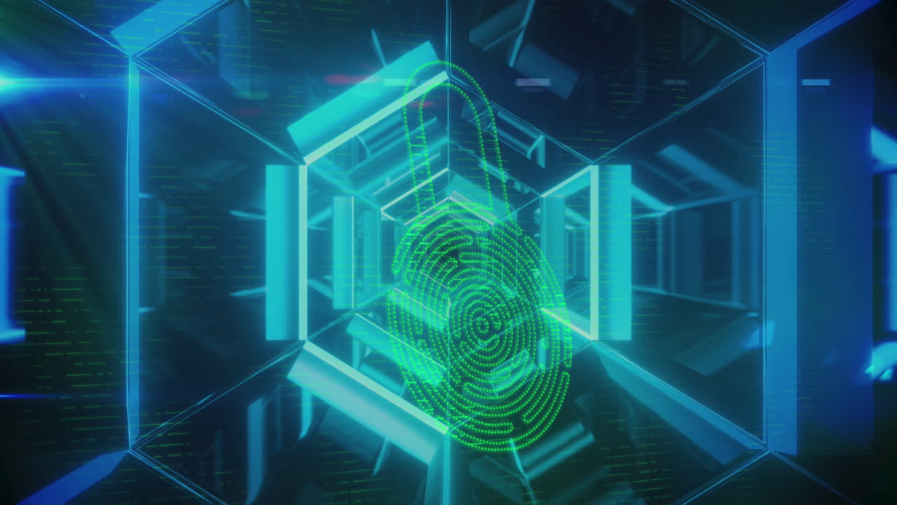 Security padlock icons against glowing moving tunnel