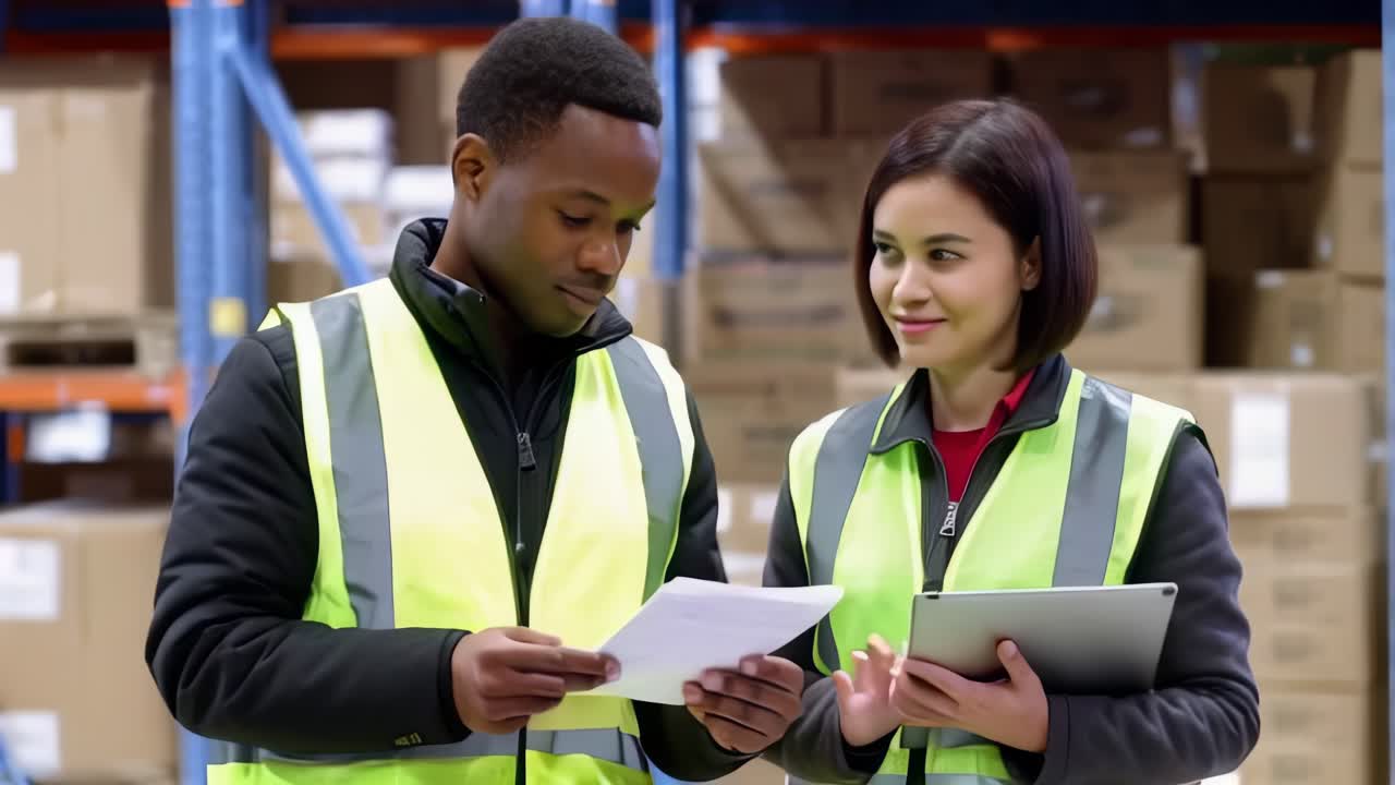 Two people in safety vests are looking at papers in warehouse