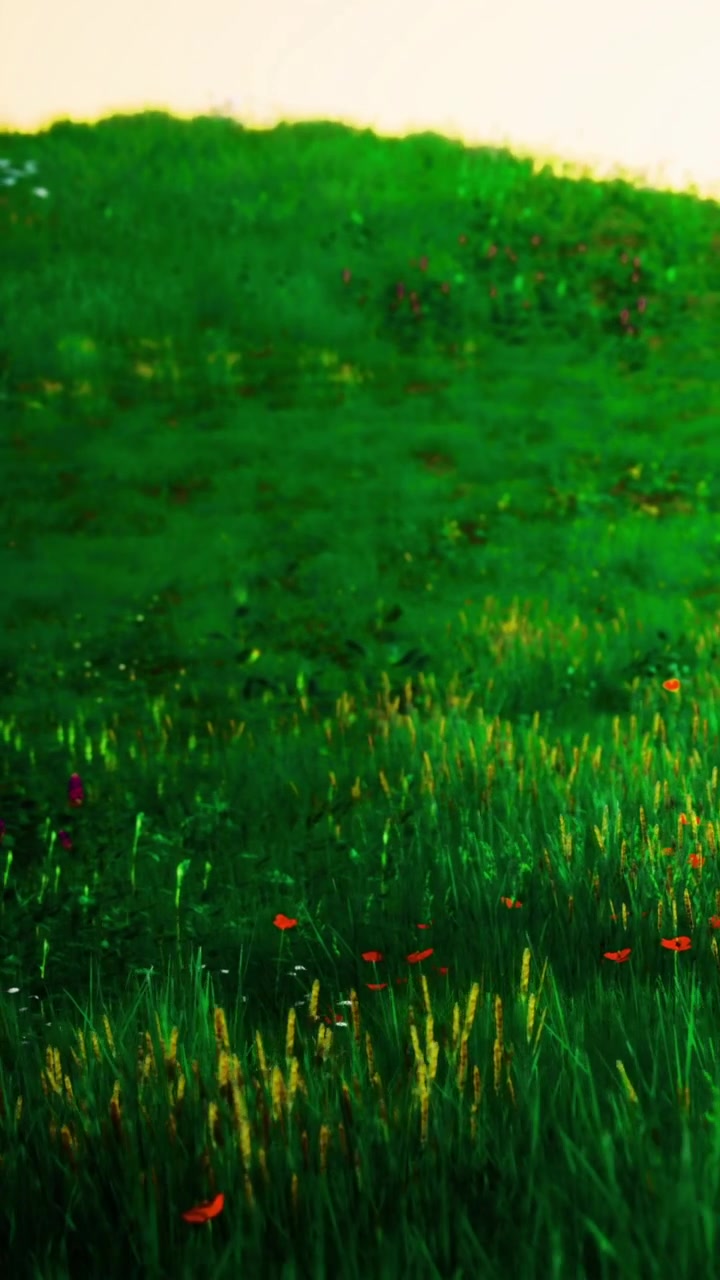 Prato verde con fiori in un ambiente esterno soleggiato.