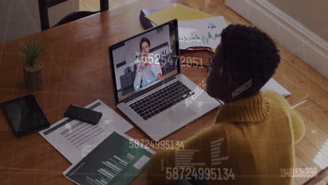 animation of numbers changing over woman using laptop on video call in background