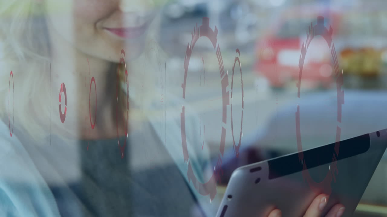 태블릿을 사용하는 여성에 대한 데이터 처리 애니메이션