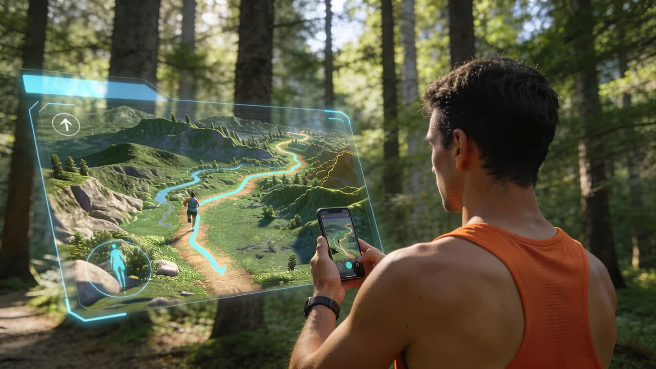 Aprendo l'app, un uomo con maglietta arancione tocca lo smartphone, verificando il percorso tramite mappa AR e smartwatch, con spazio per il testo.