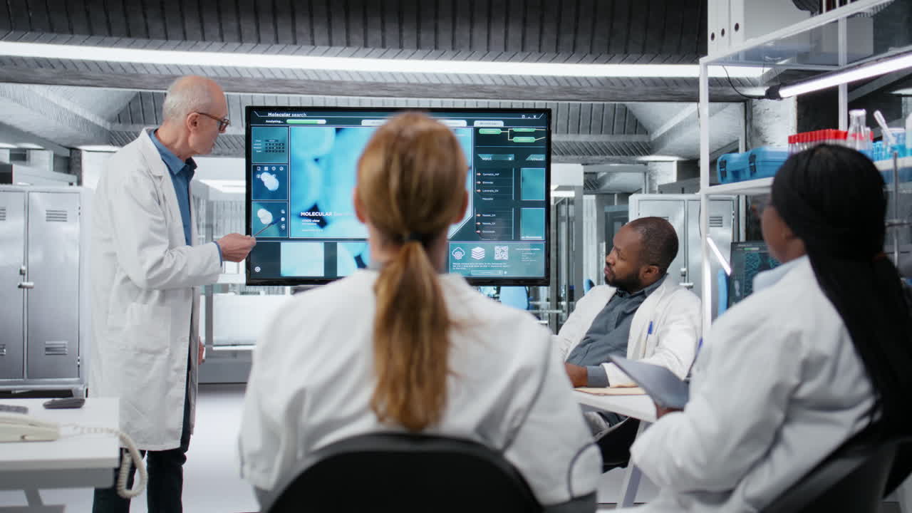 Senior scientist presenting new drug development findings to pharmaceutical team