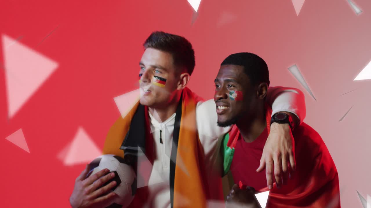 animación de diversos partidarios masculinos con banderas de portugal y alemania sobre las formas