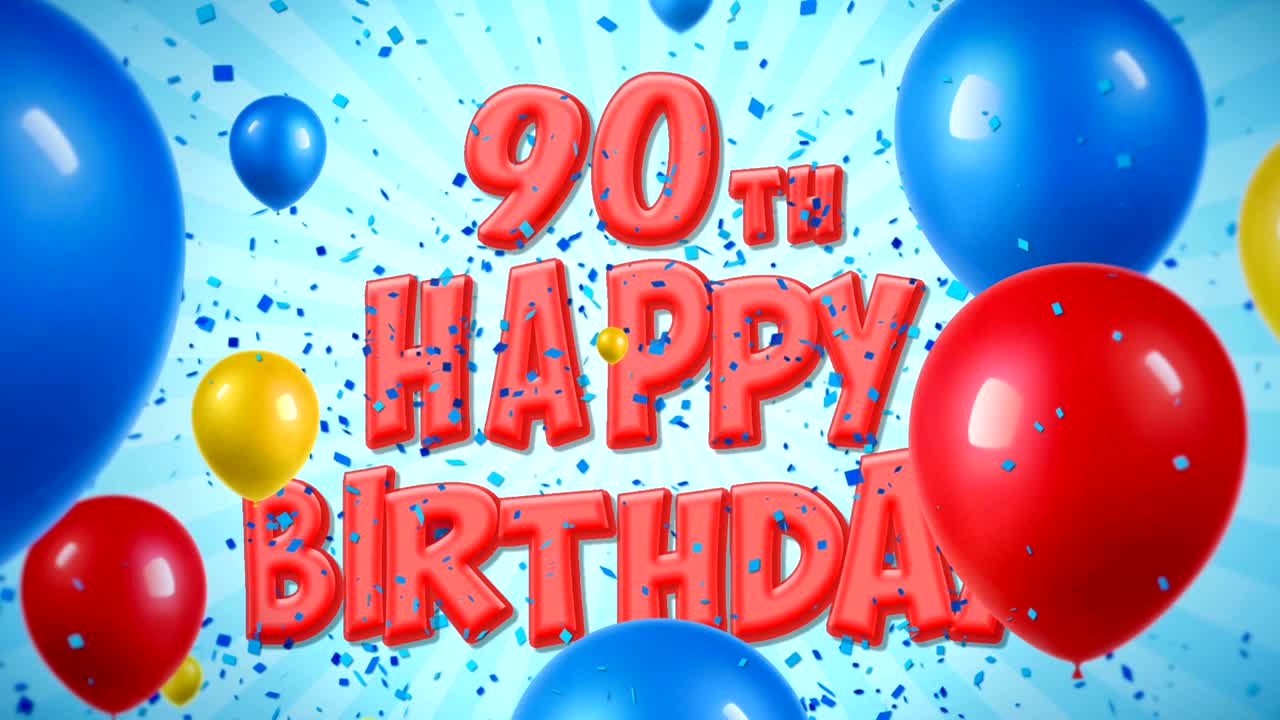 90 cumpleaños feliz texto rojo aparece en confeti popper explosiones cayendo y partículas de brillo, coloridos globos voladores animación de bucle sin fisuras para deseos saludos, fiesta, invitación, tarjeta.
