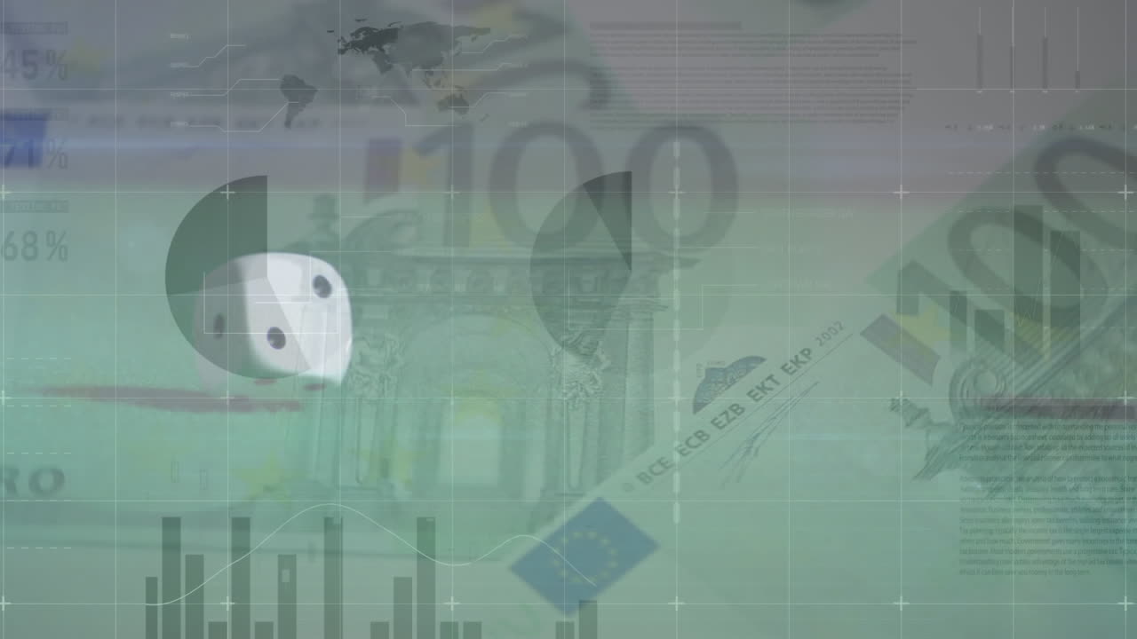 두 개의 주사위와 백그라운드에서 유로 통화 지폐에 대한 금융 데이터 처리 애니메이션